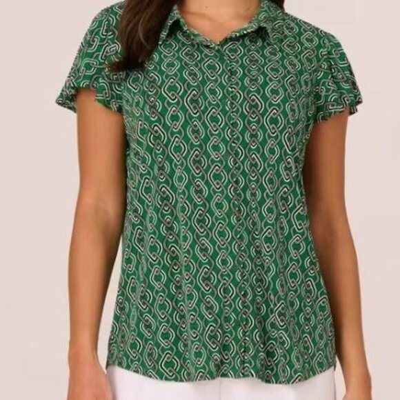 NEW Adrianna Papell Geometric Flutter Sleeve Shirt, Green/Multi Plus size 1X - Picture 1 of 8